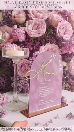 TISCHDEKORATIONSCHILDER   Samt Tischnummern und Dekoration Acryl- und Samt-Arch-Dinner-Menü, gold Plexi Mauve-Hochzeitsmenü-Schild mit Ständer, staubige Rose Plexi Tisch-Dinner-Menü luxuriöse lila Hochzeits-Tischdekoration10