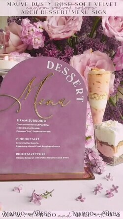 TISCHDEKORATIONSCHILDER   Samt Tischnummern und Dekoration Mauve Samt Bogen Dessertmenü, Staubige Rosé Bonbonschild, Gold Plexi Tischbogen Hochzeits-Dessertmenü, Luxuriöse Hochzeits Tischdekoration, MvS11