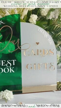TABLE DECOR SIGNS Guestbook & Cards Gifts Signs Acrylic Arch cards & guestbook sign Combo , Emerald Green and Frosted Acrylic & gold Sign, Gold Plexi card box and sign our guestbook sign, Luxury Wedding Table19