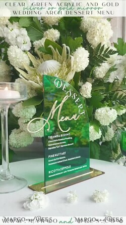 TABLE DECOR SIGNS Acrylic table decor Numbers Green Acrylic Half Arch Dessert menu, Green Acrylic gold Candy Bar Sign, Greenery & Gold Plexi Table Arch Menu, Luxury emerald gree Wedding Table Decor, Wedding10