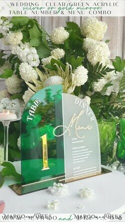TABLE DECOR SIGNS Acrylic table decor Numbers Acrylic Arch Table Number and menu Combo, Green and Frozen Acrylic gold Sign, Gold Plexi Table Number and Menu Combo Luxury Wedding Table Decor, Wedding Signage15