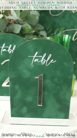 TABLE DECOR SIGNS Velvet table Numbers and Decor Arch Table Number, Luxury Green Velvet Arched Table numbers with acrylic stand, green and Gold Wedding Table Decor, 3D Golden Letters, Wedding signage9