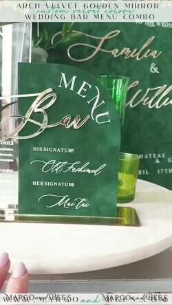 TABLE DECOR SIGNS Velvet table Numbers and Decor Green Velvet Bar Menu, Acrylic Half Arch Table List of drinks, Acrylic Green Drinks combo, Green Golden Velvet Table Sign with stand, GV6