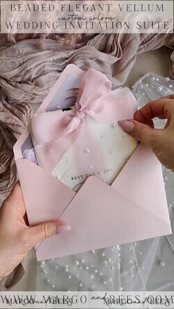WEDDING INVITATIONS gold / rose gold / silver / glitter Blush Pink Chiffon bow beaded bespoke Elegant Peony Rose Gold Wedding Invitation Suite, White Perls Golden Wedding Cards, Boho golden folder Wedding Stationery, Vellum etui with monogram34