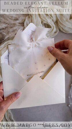 WEDDING INVITATIONS gold / rose gold / silver / glitter Ecru Chiffon bow beaded bespoke Elegant Ivory Gold Wedding Invitation Suite, White Perls Golden Wedding Cards, Elegant golden folder Wedding Stationery, Vellum etui with monogram32