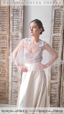 BRIDE bolero, robes, garter WEDDING BOLERO & SHRUGS Wedding Cape Pearls, Wedding Mesh Shrug, Bridal Beaded Tulle wedding Coverup,  Wedding Dress Topper with pearls,  Bridal Capelet mesh6