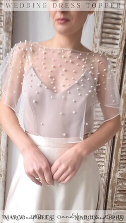 BRIDE bolero, robes, garter WEDDING BOLERO & SHRUGS Wedding Cape Pearls, Wedding Mesh Shrug, Bridal Beaded Tulle wedding Coverup,  Wedding Dress Topper with pearls,  Bridal Capelet mesh9
