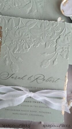 WEDDING INVITATIONS embossed invites  Bespoke Embossed Blind Sage green Gold Wedding Invitation, Golden greenery deboss Roses Floral Wedding Invitation, Boho Ecru Garden Debossed Invitation suite,  Cotton paper wedding invitation suite, Deckled Edge Invites, Torn Edge Wedding Invitations golden14