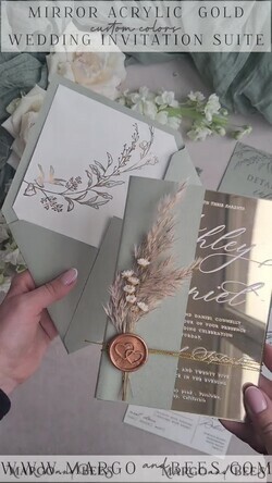 WEDDING INVITATIONS plexi acrylic mirror Sage Green Mirror gold Wedding Invitations, Elegant Garden Wedding Cards, Greenery Acrylic  Wedding Invites, Mirror Gold Plexi Wedding Invitation Suite28