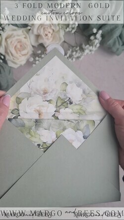 WEDDING INVITATIONS 3 fold wedding invitations  3 fold Luxury sage green Mirror gold Wedding Invitations, Elegant garden Wedding Cards, Glamour Acrylic Monogram Wedding Invites, Mirror Plexi floral Wedding Invitation Suite20