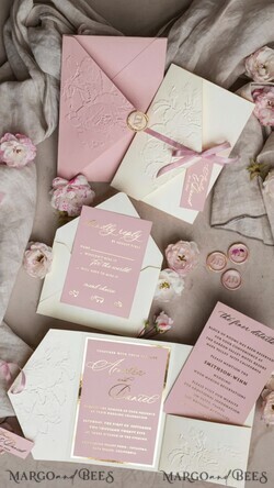 WEDDING INVITATIONS embossed invites Folder Embossed Ivory Gold Wedding Invitation, Golden deboss Roses Floral Wedding Invitation, Boho Ecru Debossed Invitation suite,  wedding invitation suite,26