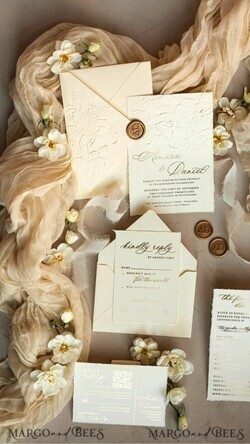 WEDDING INVITATIONS embossed invites  Fine Art Embossed Ivory Gold Wedding Invitation with  torn chiffone bow, Golden deboss Roses Floral Wedding Invitation,15