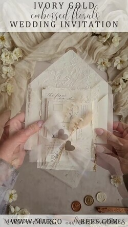 WEDDING INVITATIONS embossed invites  Fine Art Embossed Ivory Gold Wedding Invitation with  torn chiffone bow, Golden deboss Roses Floral Wedding Invitation,15