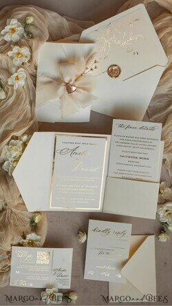 WEDDING INVITATIONS whimsical boho invites Folder Ivory Gold Wedding Invitation with chiffon torn bow and natural dried flowers , Golden Elegant Roses Floral Wedding Invitation with golden mirror heart20