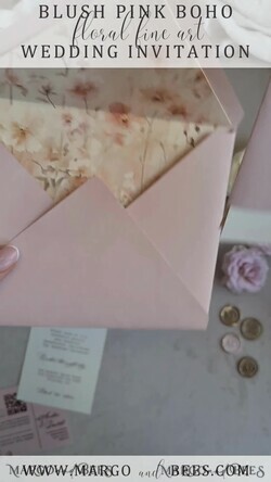 WEDDING INVITATIONS whimsical boho invites Whimsical Blush Gold Wedding Invitation with chiffon bow, Garden Elegant Floral Wedding Invitation23