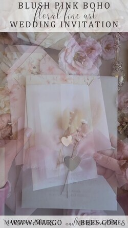 WEDDING INVITATIONS whimsical boho invites Whimsical Blush Gold Wedding Invitation with vellum jacket chiffon bow nad natural dierd flowers, Garden Elegant Floral Wedding Invitation with mirror gold heart25