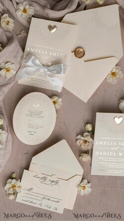 WEDDING INVITATIONS embossed invites  Fine Art Embossed Blind Ivory Gold Wedding Invitation, Golden deboss Floral Wedding Invitation, Boho Ecru Debossed Invitation suite,  Cotton paper wedding invitation suite with mirror heart27