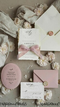 WEDDING INVITATIONS embossed invites  Fine Art Embossed Blind Ivory Gold Wedding Invitation, Golden deboss Floral Wedding Invitation, Boho Ecru Debossed Invitation suite,  Cotton paper wedding invitation suite with mirror heart20
