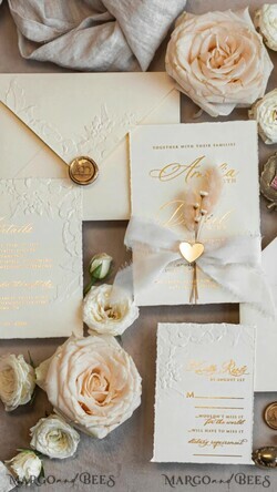 WEDDING INVITATIONS embossed invites  Fine Art Embossed Blind Ivory Gold Wedding Invitation with torn chiffon bow and dried flowers, Golden deboss Floral Wedding Invitation, Boho Ecru Debossed Invitation suite with mirror heart17