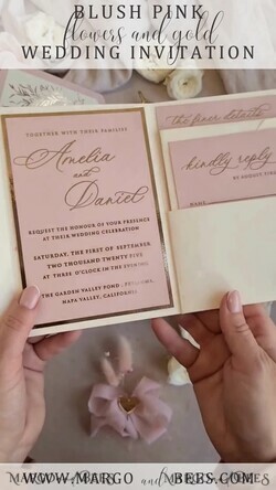 WEDDING INVITATIONS whimsical boho invites Folder Blush Gold Wedding Invitation with chiffon torn bow and natural dried flowers, Golden Elegant Roses Floral Wedding Invitation with golden mirror heart27