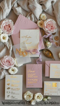 WEDDING INVITATIONS embossed invites Blush Gold Wedding Invitation with chiffon torn bow and mirror gold monogram , Vellum Wrapping Golden Elegant Roses Floral Wedding Invitation with 3D embossed flowers24
