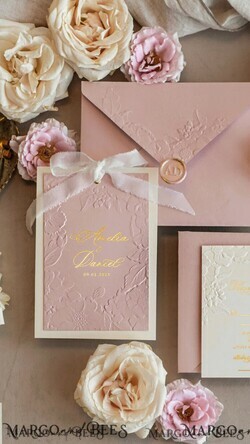 WEDDING INVITATIONS embossed invites  Fine Art Embossed Blind Ivory Gold Wedding Invitation with torn chiffon bow and dried flowers, Golden deboss Floral Wedding Invitation, Boho Ecru Debossed Invitation suite with mirror heart18