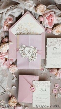 WEDDING INVITATIONS whimsical boho invites Vintage Floral Crest Monogram Blush Wedding Invitation with chiffon torn bow,  French Provence Garden Elegant Floral Wedding Invitation suite Deckled Torn edges , Elegant Toile de Jouy & Baroque Invitation set 26