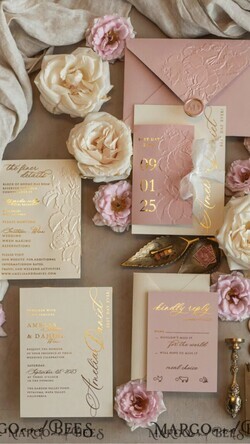 WEDDING INVITATIONS embossed invites Blush Gold Wedding Invitation with chiffon torn bow,  Wrapping Golden Elegant Roses Floral Wedding Invitation with 3D embossed flowers25