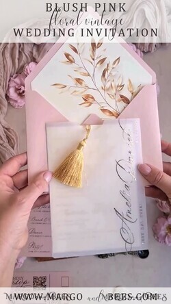 WEDDING INVITATIONS whimsical boho invites Whimsical Blush Gold Wedding Invitation with vellum etui  Garden Elegant Floral Wedding Invitation with mirror gold heart11