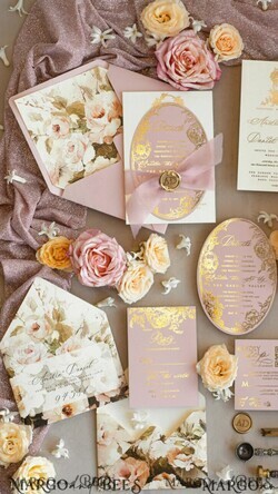 WEDDING INVITATIONS Vintage Baroque Vintage Baroque Wedding Invitation suite  Beige Golden Fine art Roses Wedding Invitations with rsvp Victorian wedding crest Chinoiserie Invites Royal Ornamental frame17