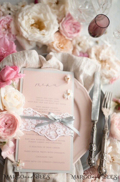Romantic Blush Wedding Menu with Ribbon, Vintage Lace