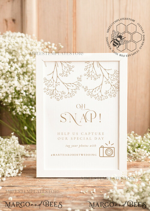 Rustic Oh Snap Wedding Hashtag Sign template, Instant download