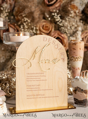  Wood Eco Rustic Table numbers Rustic Wooden Arch Dessert Menu with Stand, Country Barn Wood Acrylic gold Candy Bar Sign, Natural Wood Gold Plexi Table Dessert Menu Wedding Table Decor, Wedding Signage Golden mirror and Wooden Candy Bar Menu 