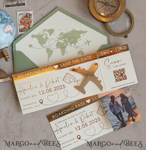 SAVE THE DATES beach travel magnets Sage green golden airplane magnet Save The Date Cards with Photo  boardingpass travel airplane save the dates destination wedding magnets