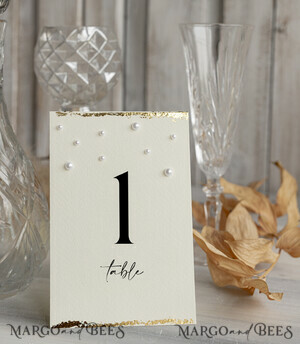  glitter Luxury Wedding Table Number Card with Pearls & Gold Foil border – Textured Ivory Paper, Tent Style