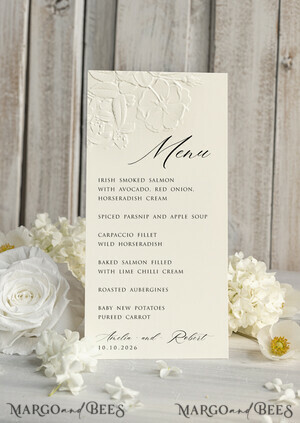  glitter/ luxury premium Embossed Ivory Wedding Menu, Elegant Wedding Menu Cards With Floral leaf Motif, Luxury
