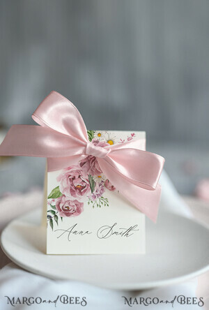  Romantic Boho/ Botanical/ Floral Romantic Ivory Floral Wedding Table Place Cards with Pink Ribbon, Modern Elegant Botanical Place Cards, Glamour Table Cards, Gorgeous  Floral Wedding Name Tags