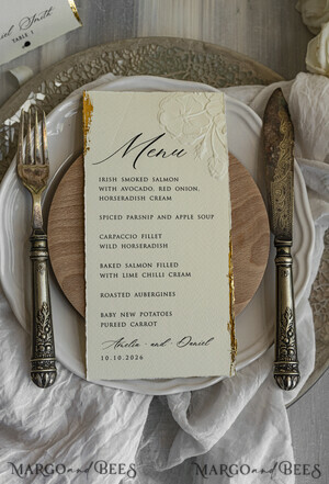 MENU & PROGRAMS romantic Embossed Floral Wedding Menu, Luxury Ecru Dinner Menu, Chiffon Ribbon Wedding Menu, Elegant Reception Menu Cards