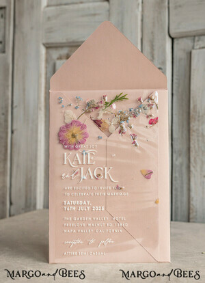  samples sample Blush Pink Clear real flowers Wedding Invitations, Elegant Garden  pampass gras Wedding Cards, Velvet  transparent  Wedding Invites,  Wedding Invitation Suite