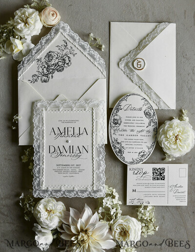 WEDDING INVITATIONS vintage lace/ rustic lace Personalized Golden Wedding invitations Vintage Lace Invites off white