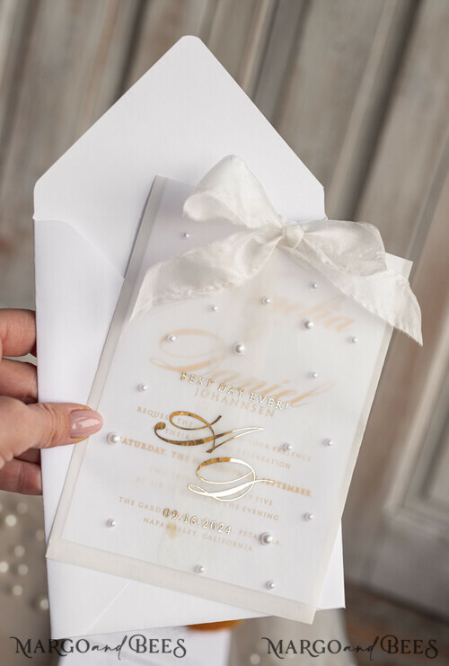 beaded bespoke Elegant pure white Gold Wedding Invitation Suite, Beaded ...