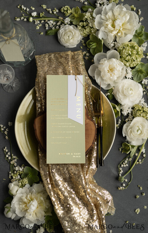 Luxury Custom Gold Foil Wedding Menu, Elegant Sage Green Wedding Menu ...