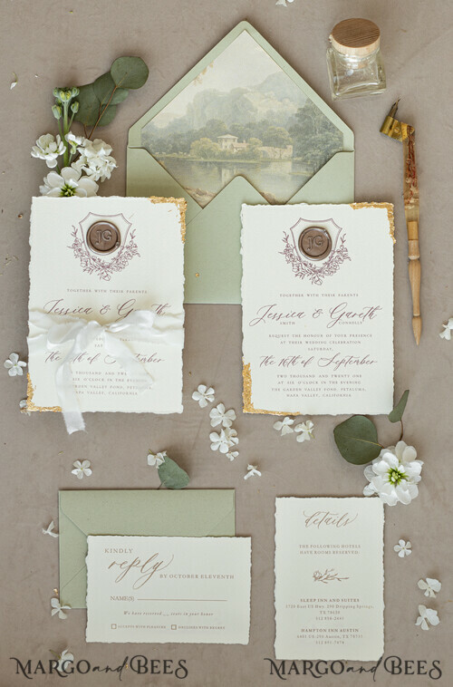 Fine Art Gold & sage green Wedding Invitation, Velvet Golden Edges ...