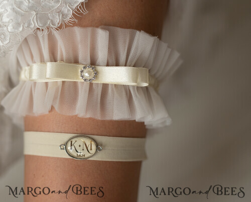 Set of Two gartes, personalised wedding garter in box, something blue tulle  lace garter & personalised toss set, garter for bride, bridal shower gift  for bride, ivory tulle garter set, gift for