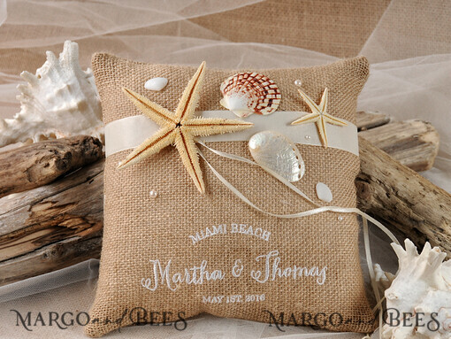 RING BEARER BOXES & PILLOWS Boho Rustic Ring Pillow Personalised Beach Wedding Ring Pillow • Rustic Seaside Wedding  Ring Bearer Pillow • Custom beach burlapRing Bearer