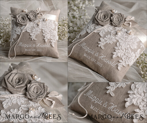 RING BEARER BOXES & PILLOWS Boho Rustic Ring Pillow Presoanlised wedding Ring box for 2 or 3 rings, Handmade Lace Wedding Ring Pillow • Rustic Ring Bearer Pillow • Custom Linen Ring Bearer