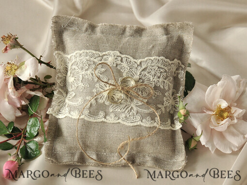 RING BEARER BOXES & PILLOWS Boho Rustic Ring Pillow Presonaised Ring Box for wedding bands, Handmade Lace Wedding Ring Pillow • Rustic Ring Bearer Pillow • Custom Linen Ring Bearer
