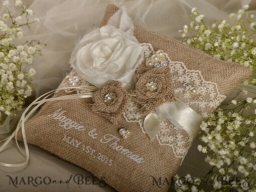 RING BEARER BOXES & PILLOWS Boho Rustic Ring Pillow Boho Vintage Lace Wedding Ring Pillow • Embroidered Ring Bearer Pillow • Rustic Ring Bearer Pillow Presonalised