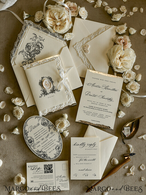 WEDDING INVITATIONS vintage Spitze / rustikale Spitze Personalisierte Goldene Hochzeits-Einladungen Vintage Spitze Einladungen Elfenbein