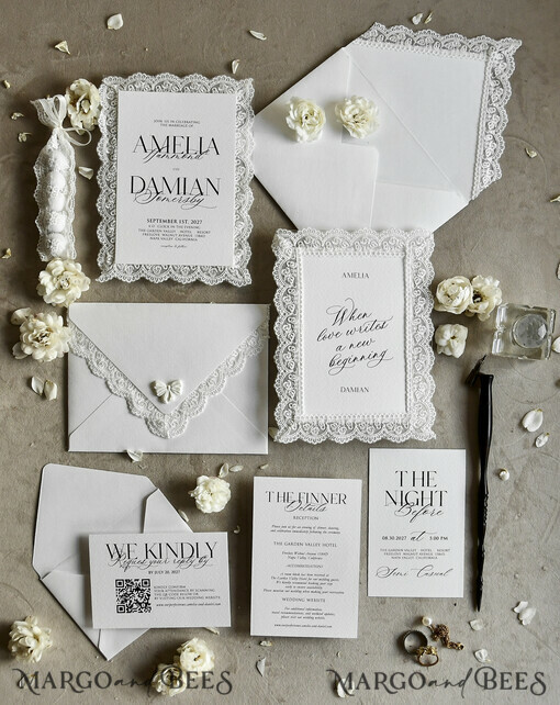 WEDDING INVITATIONS vintage Spitze / rustikale Spitze Personalisierte Goldene Hochzeits-Einladungen Vintage Spitze Einladungen Elfenbein